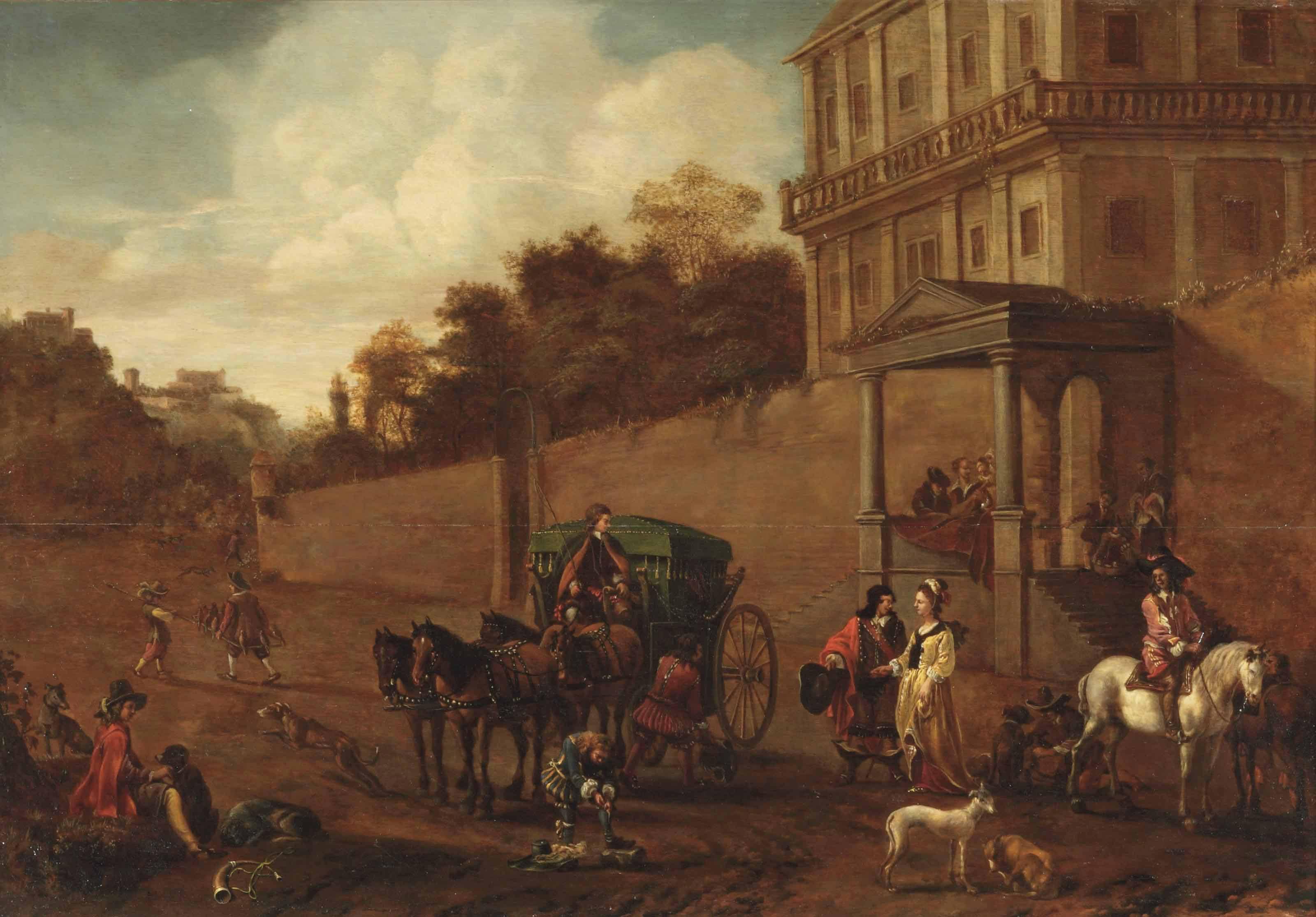 Frederick de Moucheron - An elegant company near a carriage outside the walls of a country house, hunters nearby
