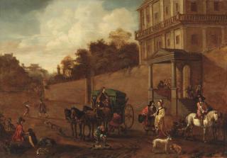 Frederick de Moucheron - An elegant company near a carriage outside the walls of a country house, hunters nearby
