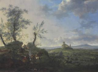 Frederick de Moucheron - An Extensive Landscape With A Cavalry Skirmish, A Ruined Castle On A Hilltop Beyond