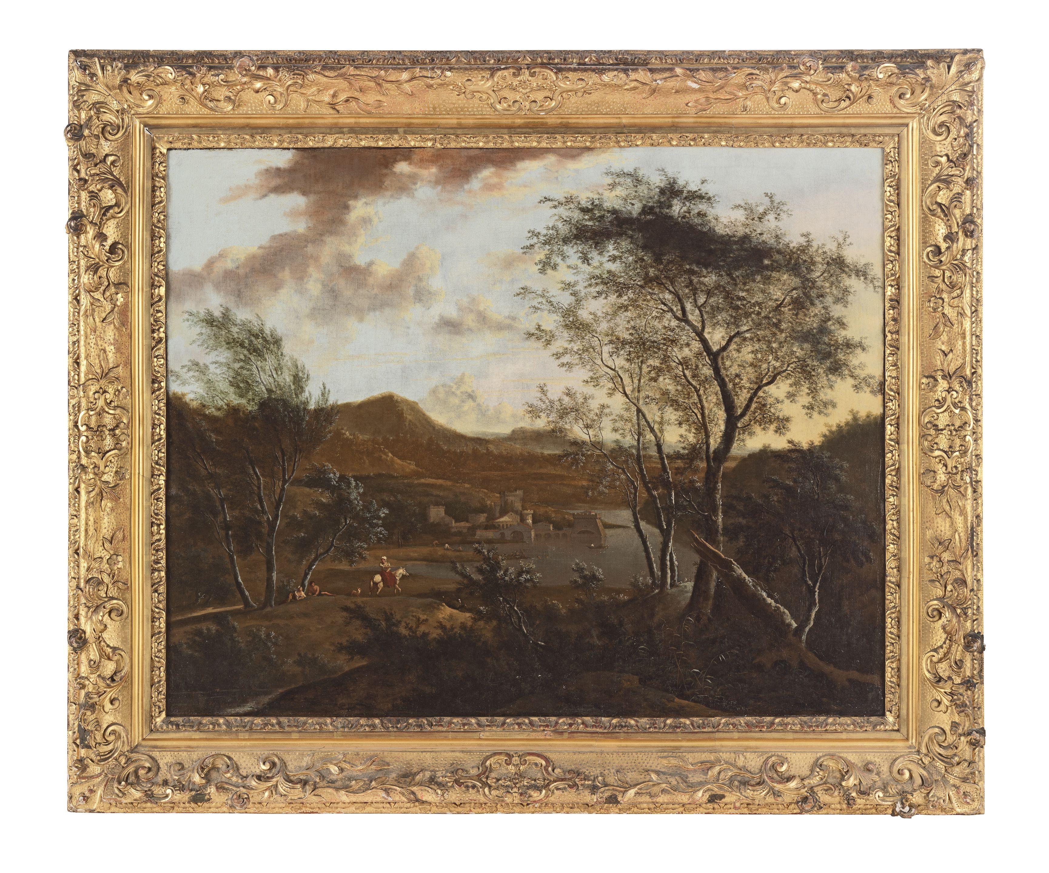 Frederick de Moucheron - An extensive wooded river landscape with travellers