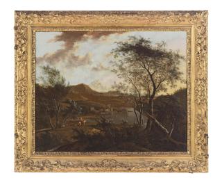 Frederick de Moucheron - An extensive wooded river landscape with travellers