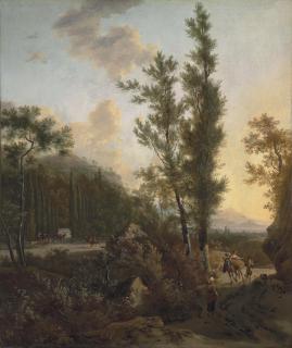 Frederick de Moucheron - An Italianate wooded landscape with travellers and sheep on a path, a horse-drawn carriage and riders entering a park landscape beyond