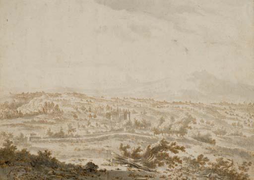 Frederick de Moucheron - Un paysage avec un château, des maisons, une montagne à l\'arrière-plan