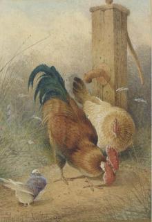 Frederick E. Valter - Hens in a farmyard; and A cockerel and hen by a water pump (illustrated)