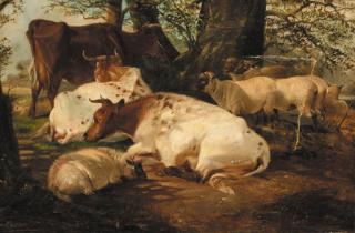 Frederick E. Valter - Sheep and cattle resting in the shade