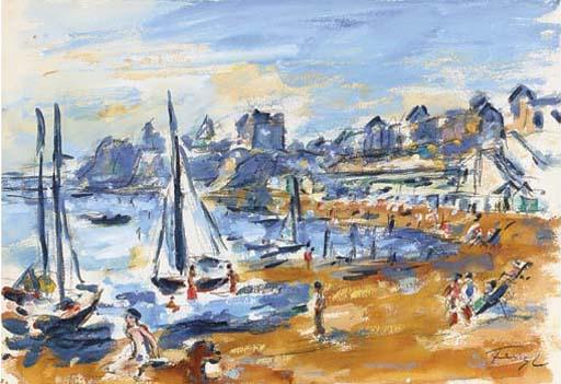 Frederick Feigl - Sailing boats in port; Painting by the rocks; Sunbathers by beach huts; Relaxing in deckchairs by the river; and A cityscape