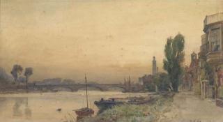 Frederick George Cotman - Houses on the riverbank at Strand on the Green