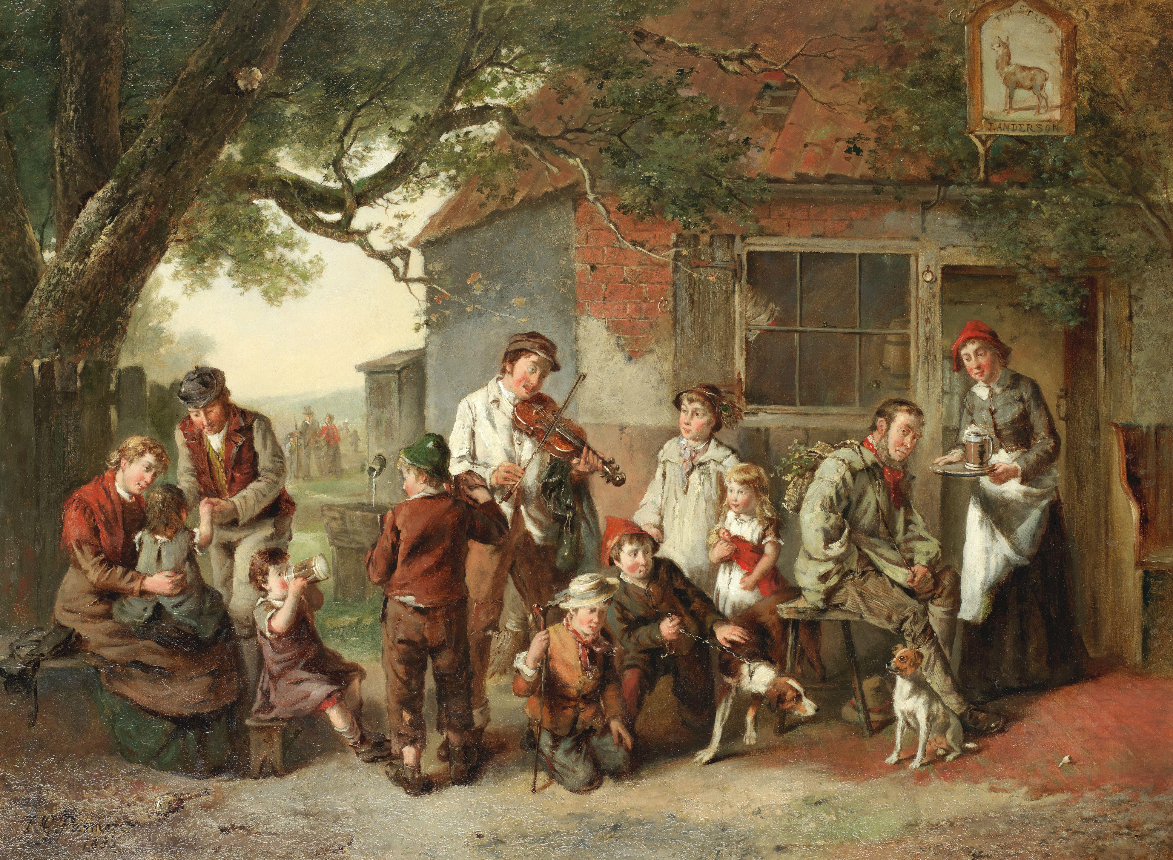 Frederick George Pasmore - Peddler displaying his wares; Outside a village pub, a pair