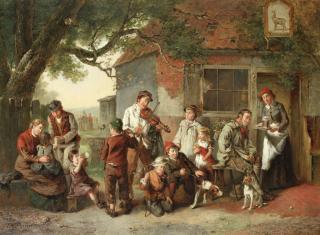 Frederick George Pasmore - Peddler displaying his wares; Outside a village pub, a pair