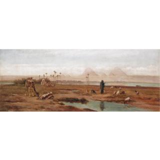 Frederick Goodall, R.A. - Camels And Goatherd At The Pyramids At Gizeh