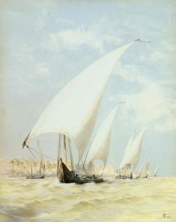 Frederick Goodall, R.A. - Feluccas on the Nile in a stiff breeze