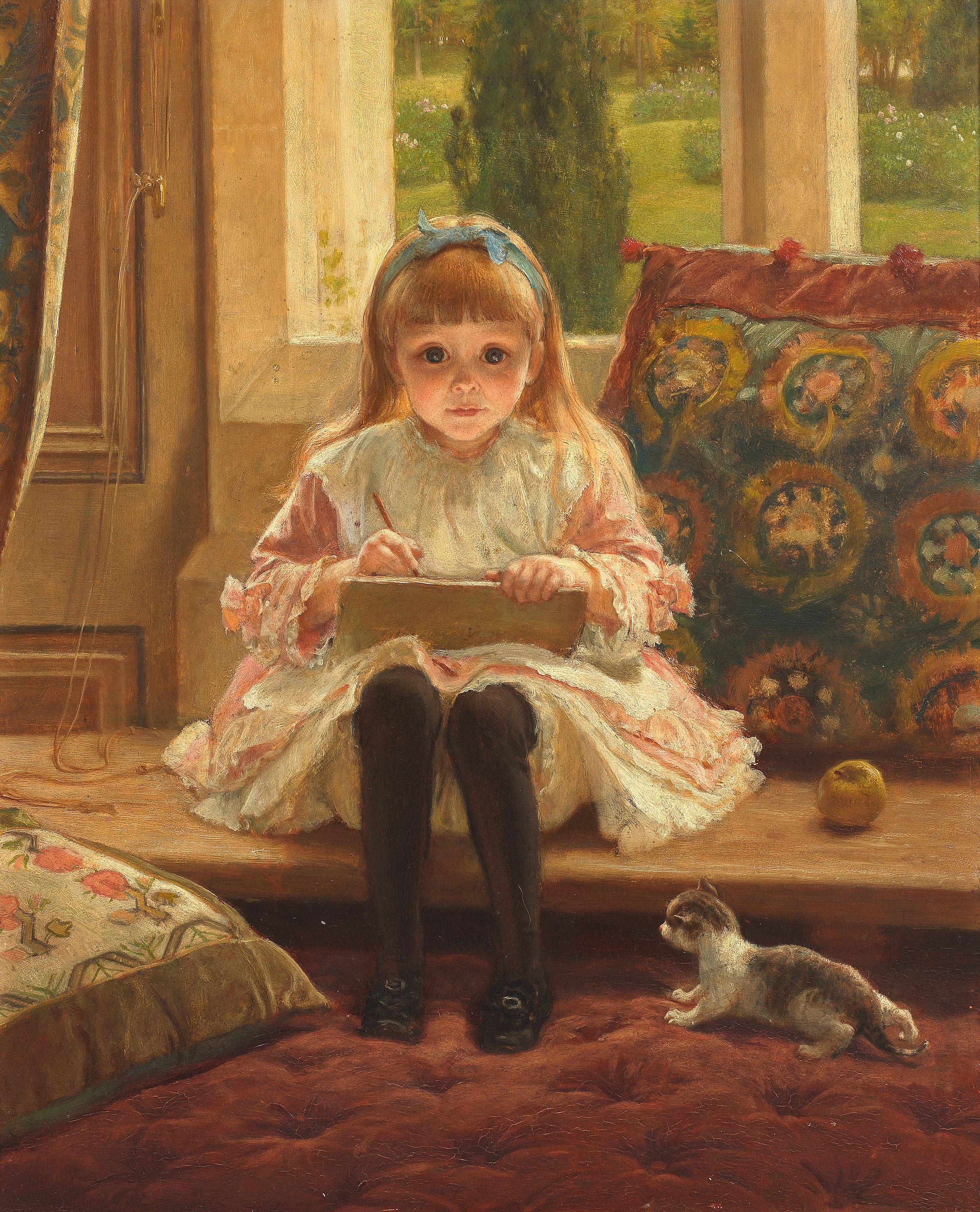 Frederick Goodall, RA - Portrait of Rica sitting in the bay window of Graeme\'s Dyke with pencil in hand and sketch book with a kitten