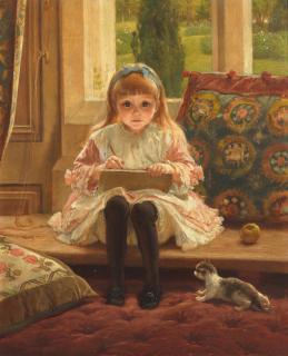 Frederick Goodall, RA - Portrait of Rica sitting in the bay window of Graeme\'s Dyke with pencil in hand and sketch book with a kitten