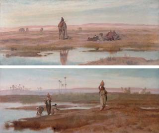Frederick Goodall - Bedouin women getting water for the camp on a misty morning in the Nile Valley; and Figures with camels resting beside a river