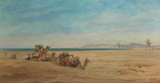 Frederick Goodall - Bedouins And Camels Resting In The Desert By A Watering Hole