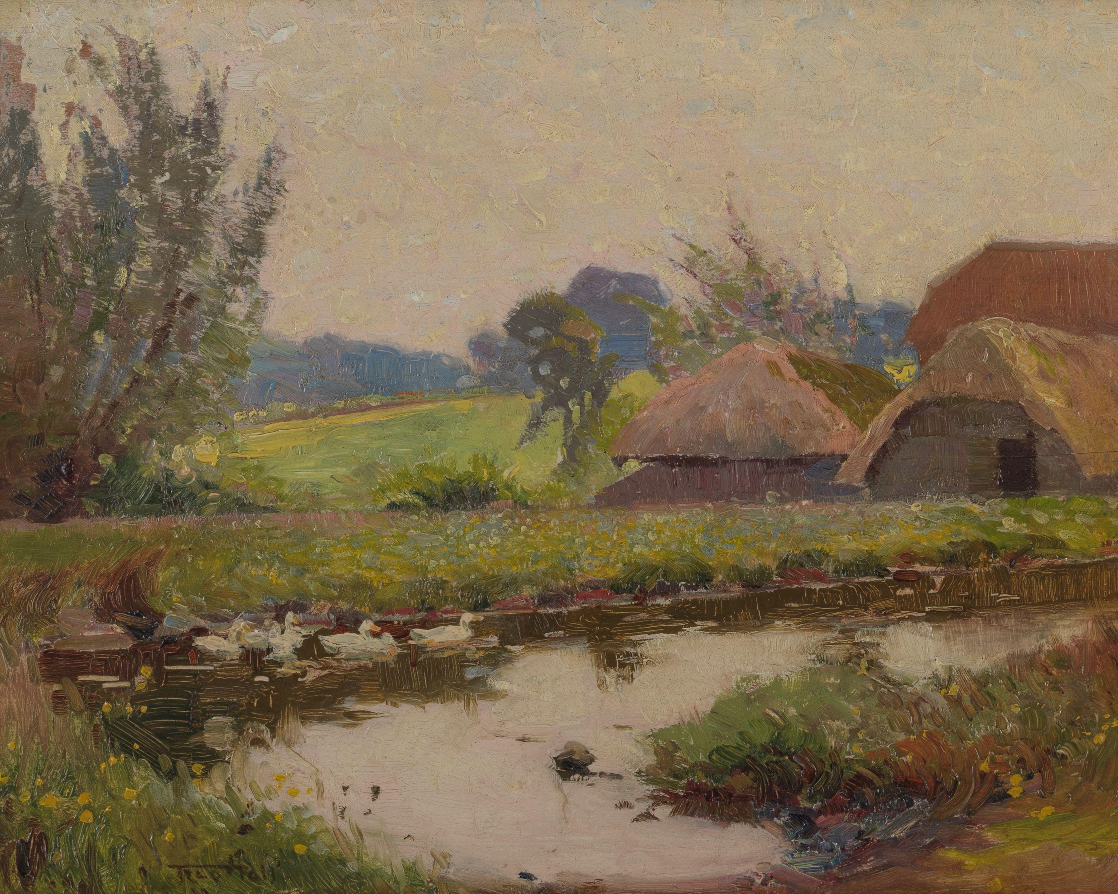 Frederick Hall - Duck pond before a barn