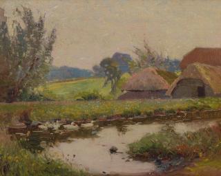 Frederick Hall - Duck pond before a barn