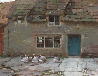 Frederick Hall - Guinea fowl before a cottage