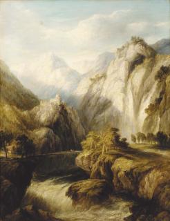 Frederick Henry Henshaw - A mountainous river landscape with figures on a bridge and a town beyond