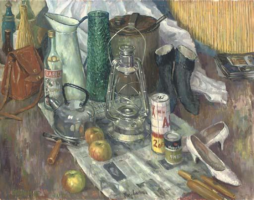 Frederick Henry Stonham, F.R.S.A. - Lantern, kettle, apples, tools, a jug and shoes