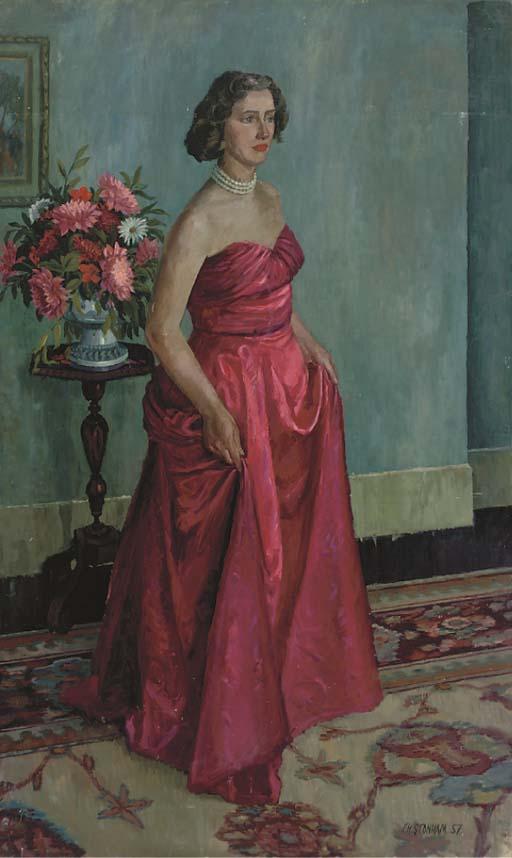 Frederick Henry Stonham, F.R.S.A. - Portrait of Mrs June Stonham, full-length, in a pink ball-gown, with flowers beyond