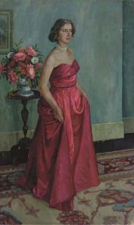Frederick Henry Stonham, F.R.S.A. - Portrait of Mrs June Stonham, full-length, in a pink ball-gown, with flowers beyond