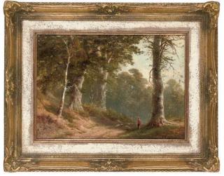 Frederick Hines - A shepherd and his flock on a wooded path