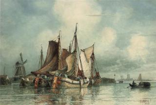 Frederick James Aldridge - Fishing barges drying their sails in the harbour at Dordrecht
