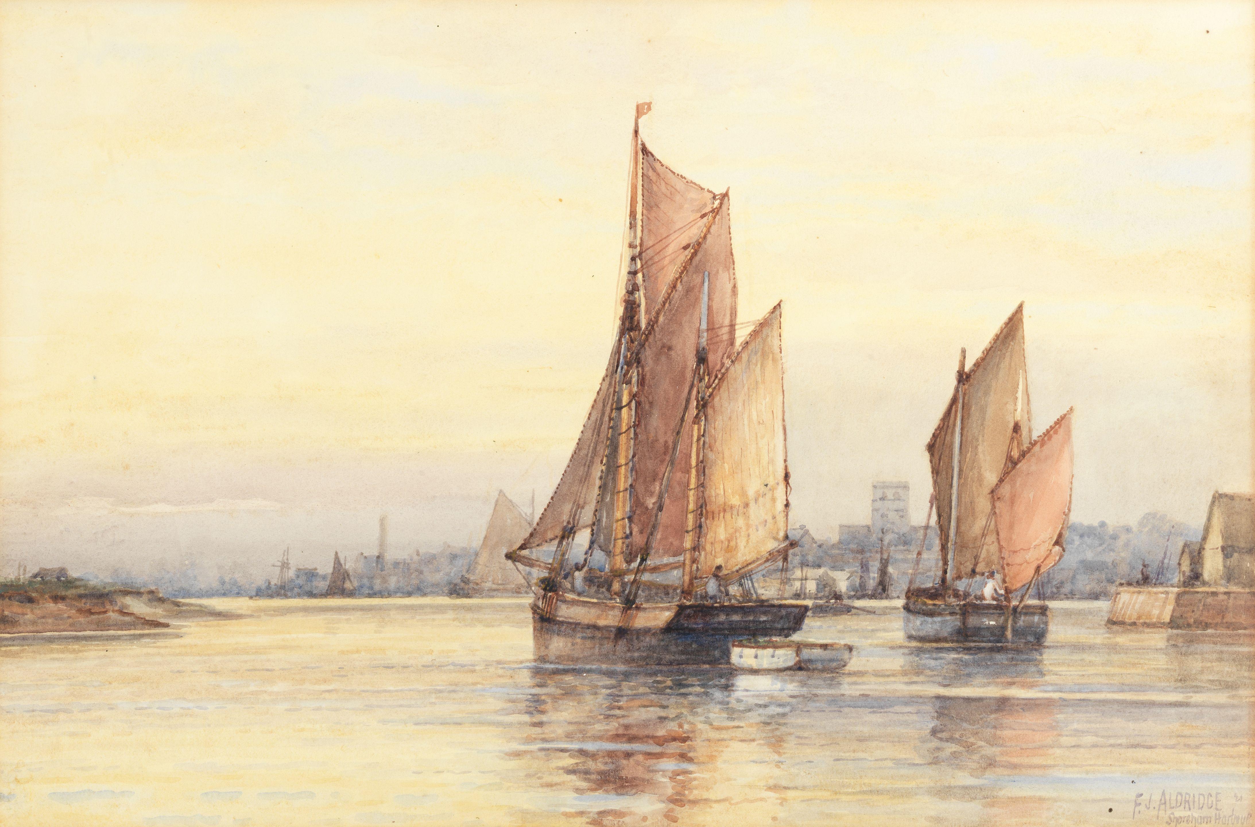 Frederick James Aldridge - \'Out with the Tide\'; \'Shoreham Harbour\' the first 35 x 52cm (13 3/4 x 20 1/2in); the second 35 x 54cm (13 3/4 x 21 1/4in). (2)