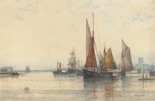 Frederick James Aldridge - Reflections In The Water, Anchored Fishing Vessels In A Harbour
