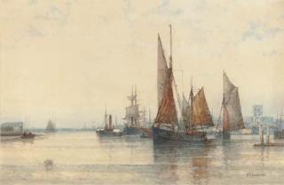 Frederick James Aldridge - Reflections In The Water, Anchored Fishing Vessels In A Harbour