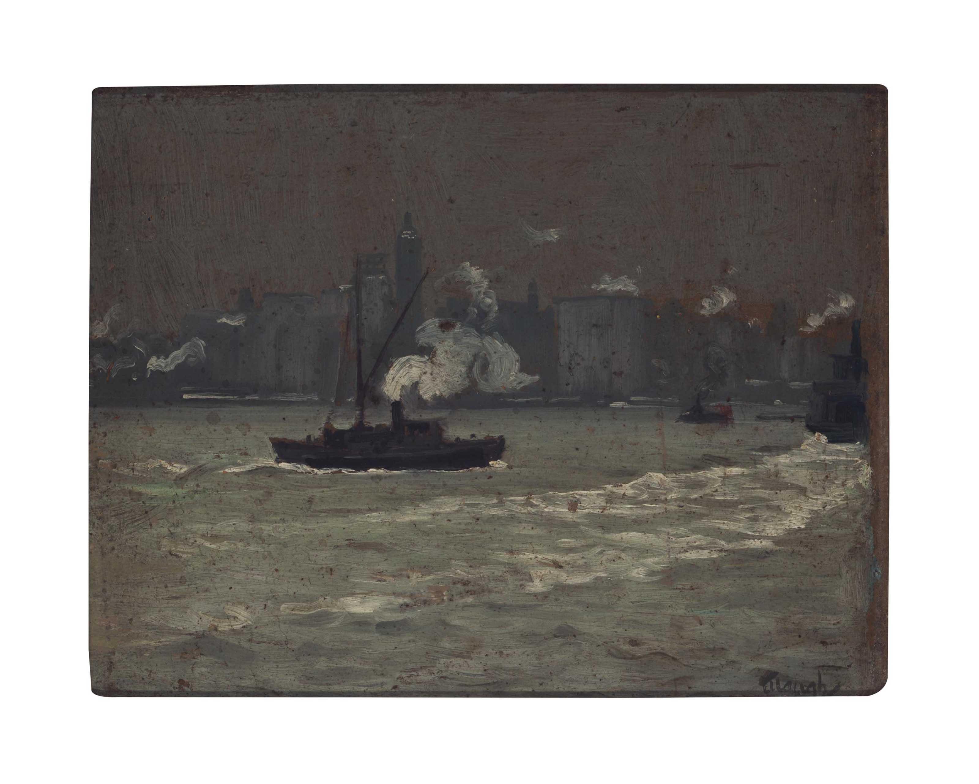 Frederick Judd Waugh - Boats in the harbor with city in the distance