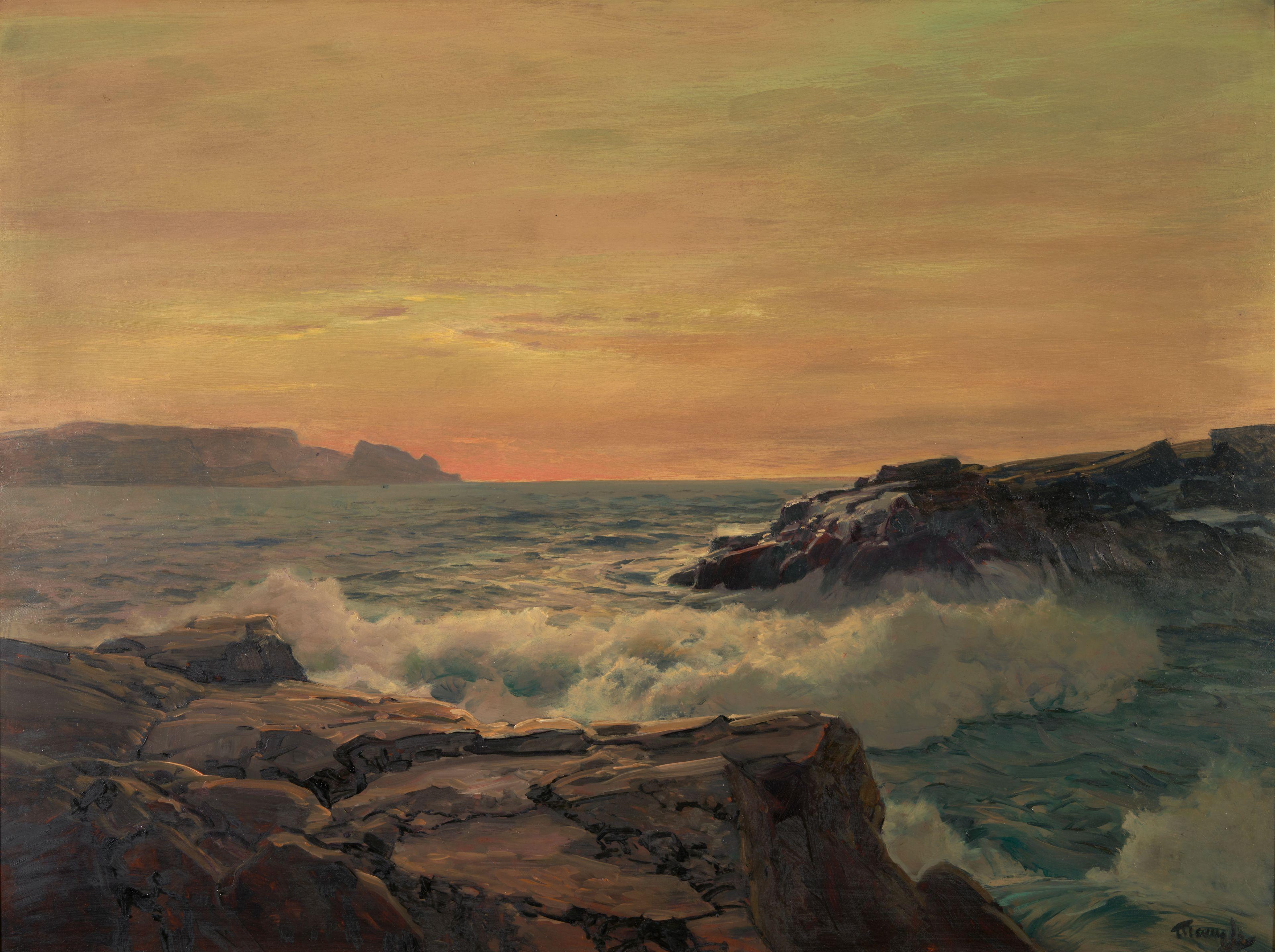 Frederick Judd Waugh - Waves Crashing on the Rocks at Sunset