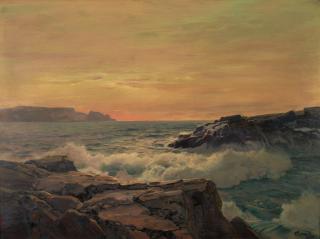 Frederick Judd Waugh - Waves Crashing on the Rocks at Sunset