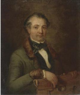 Frederick Lee Bridell - Portrait of A Gentleman, Traditionally Identified As A Member of The Holden Family, Half-Length, Holding An Unframed Canvas And Quizzing Glass