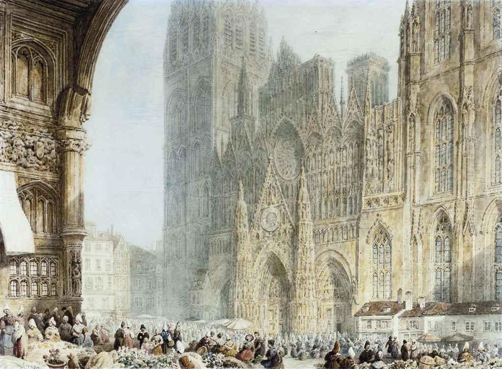 Frederick Nash, O.W.S. - Market day before Rouen Cathedral