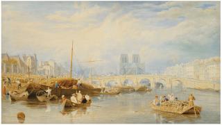 Frederick Nash, O.W.S. - The Wine Market, and Pont Tournelle, with the Cathedral of Notre Dame in the distance, Paris