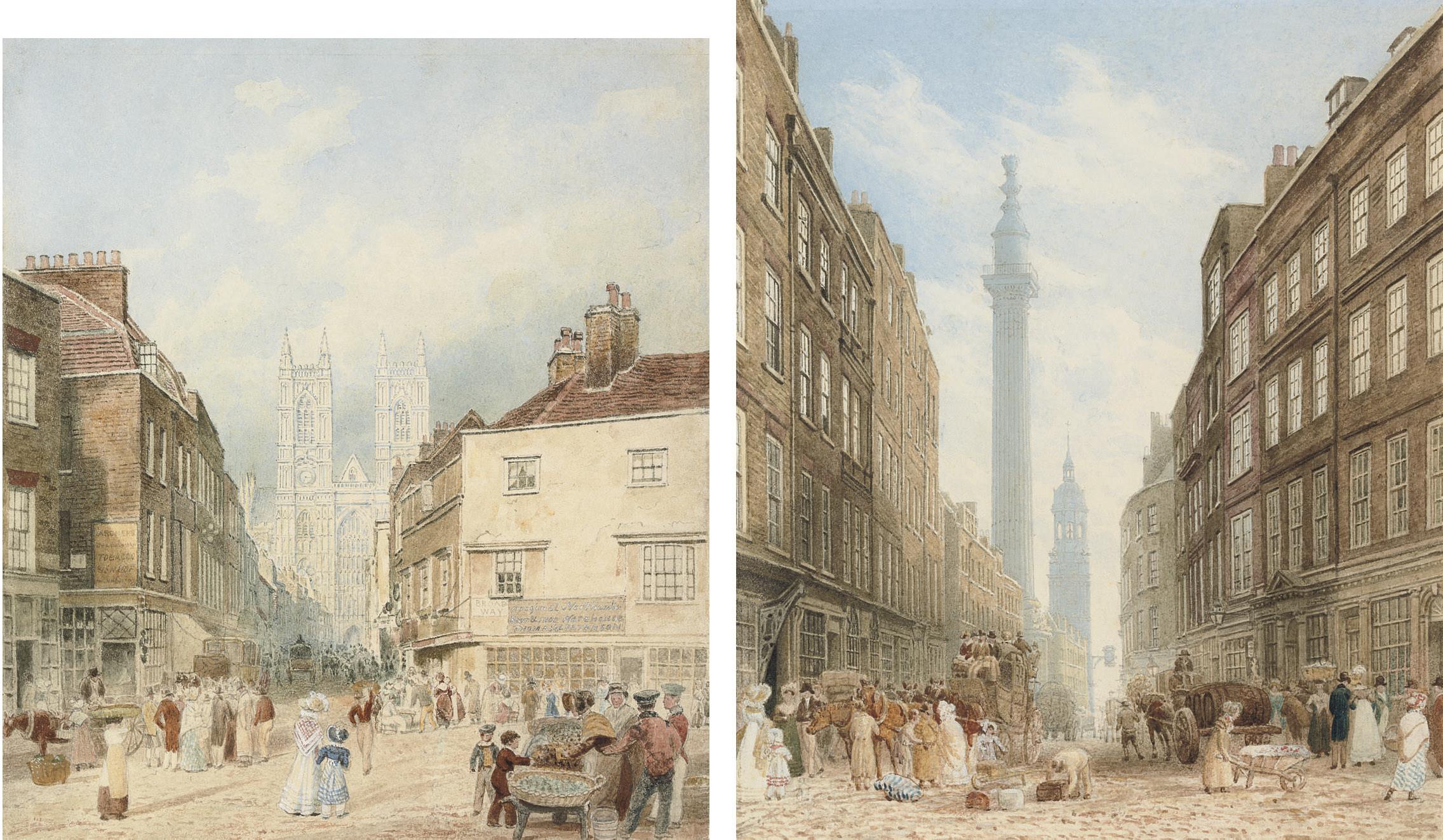 Frederick Nash, O.W.S. - View of Tothill Street with Westminster Abbey beyond; and View of Gracechurch Street with the Monument and the church of St. Magnus the Martyr beyond