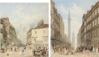 Frederick Nash, O.W.S. - View of Tothill Street with Westminster Abbey beyond; and View of Gracechurch Street with the Monument and the church of St. Magnus the Martyr beyond