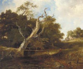 Frederick Richard Lee, R.A. - A figure by a river in a wooded river landscape