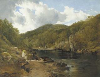 Frederick Richard Lee, R.A. - A Scottish wooded river landscape with anglers on the rocks