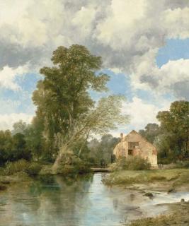 Frederick Richard Lee, R.A. - A wooded river landscape with figures on a bridge by a watermill