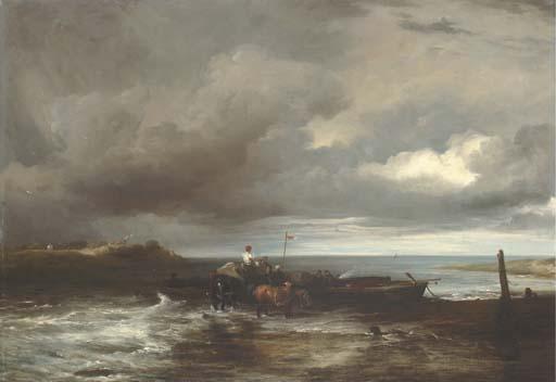 Frederick Richard Lee, R.A. - An estuary scene with figures unloading a ferry