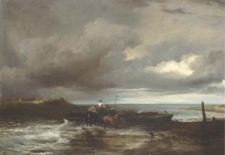 Frederick Richard Lee, R.A. - An estuary scene with figures unloading a ferry