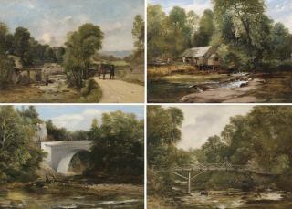 Frederick Richard Lee, R.A. - Sketch of the New Bridge built by Lord Lynedoch; Sketch of the Saw Mills, Lynedoch; Sketch of the Swiss Bridge, Lynedoch; and An angler on a bridge