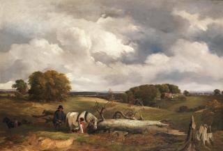 Frederick Richard Lee, RA - Extensive landscape with figures resting by a fallen tree