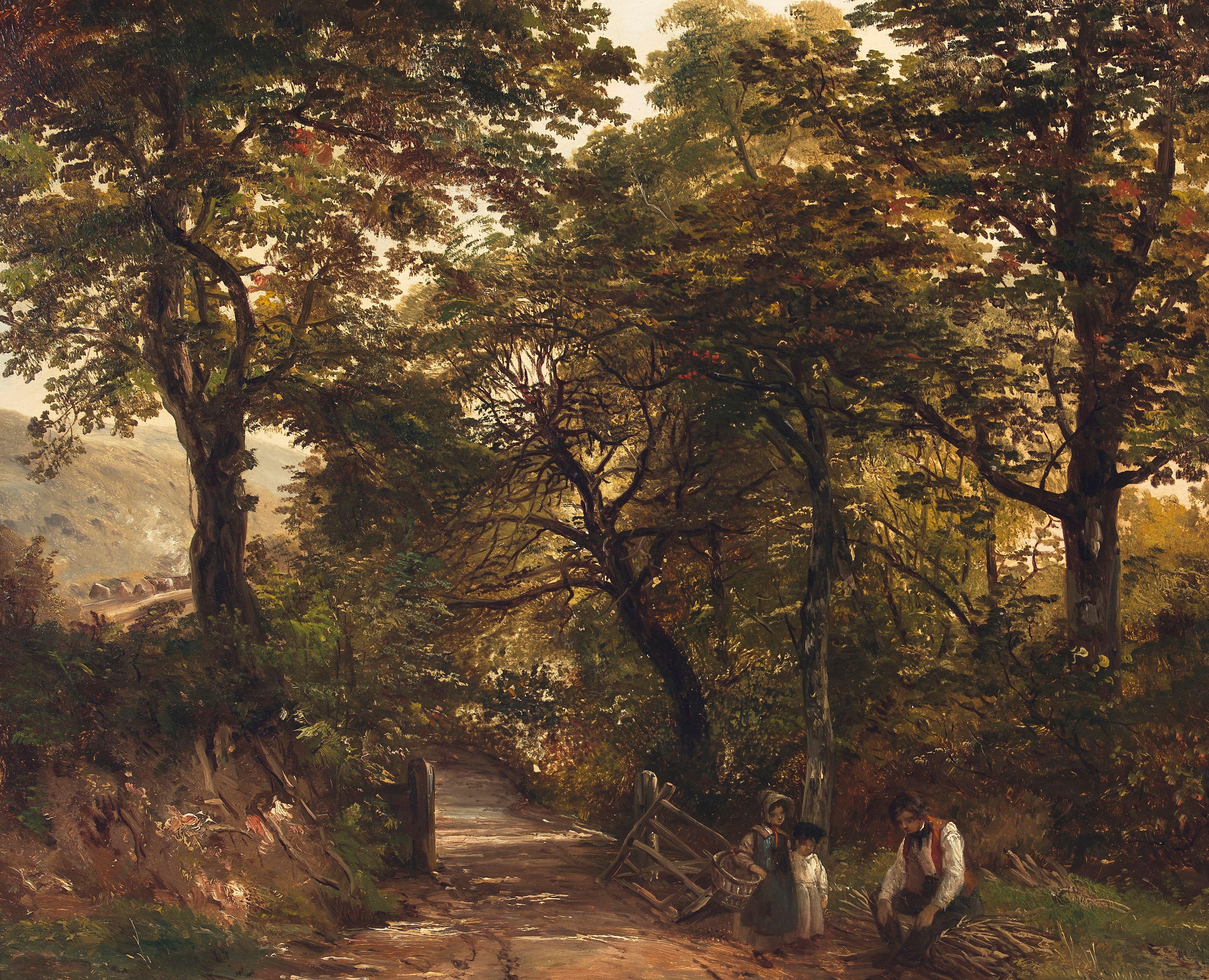 Frederick Richard Lee, RA - Wood gatherer with his two children in a glade