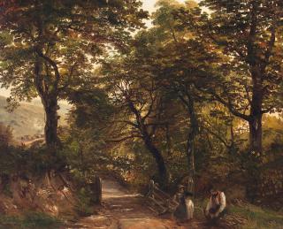 Frederick Richard Lee, RA - Wood gatherer with his two children in a glade