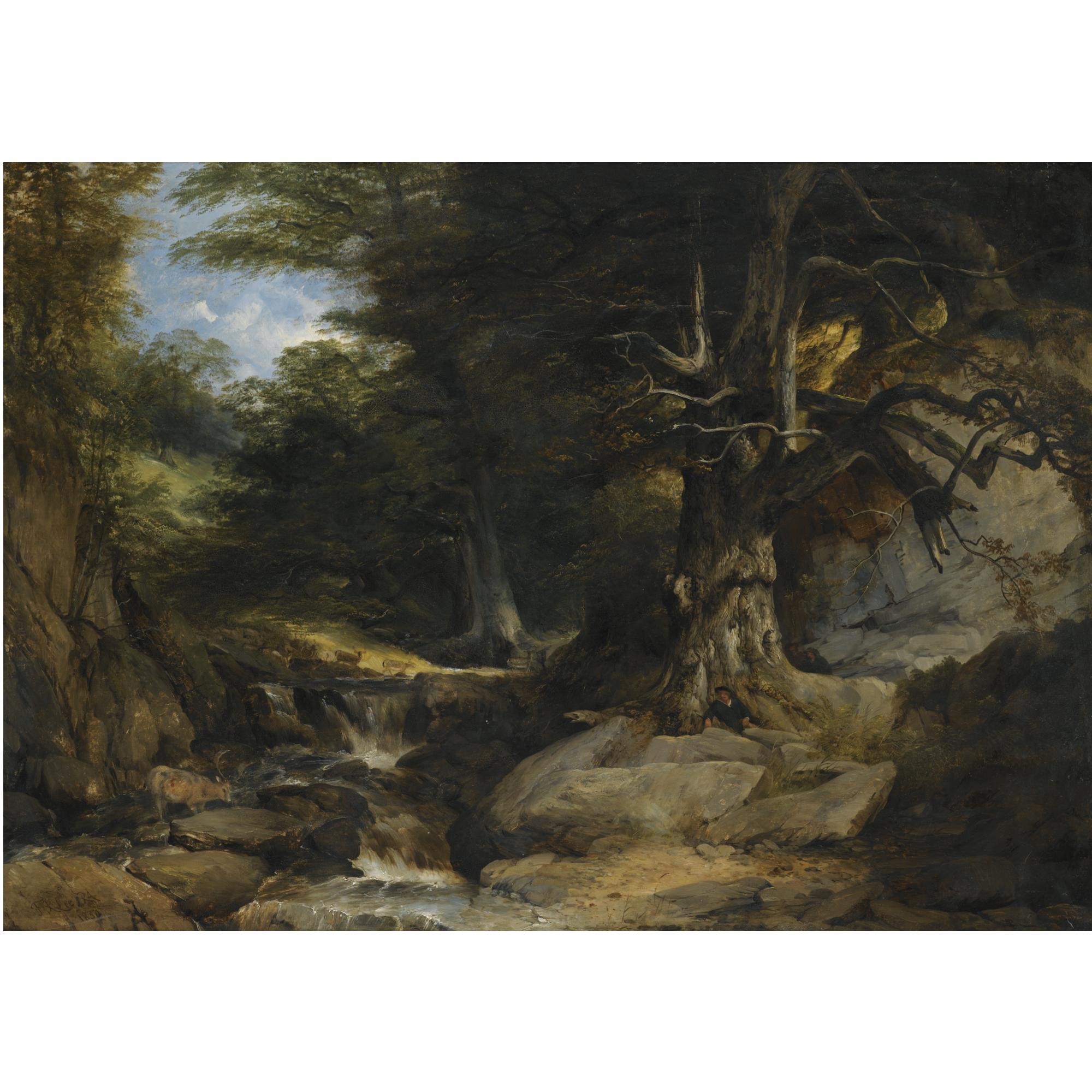 Frederick Richard Lee - Deer And Hunters In A Wooded Landscape