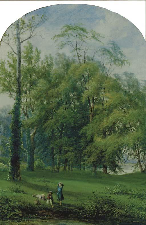 Frederick Rondel - Figures Fishing By A Steam